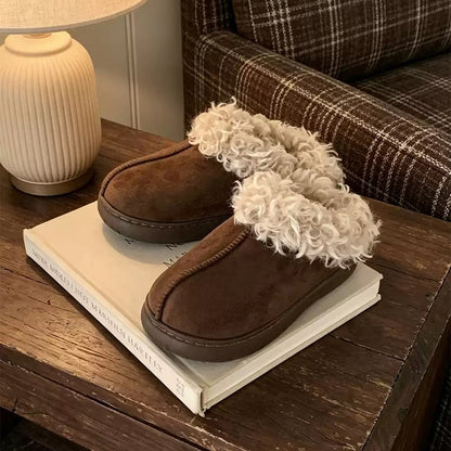 Dark brown winter cozy faux suede slippers aesthetic warm fluffy house shoes