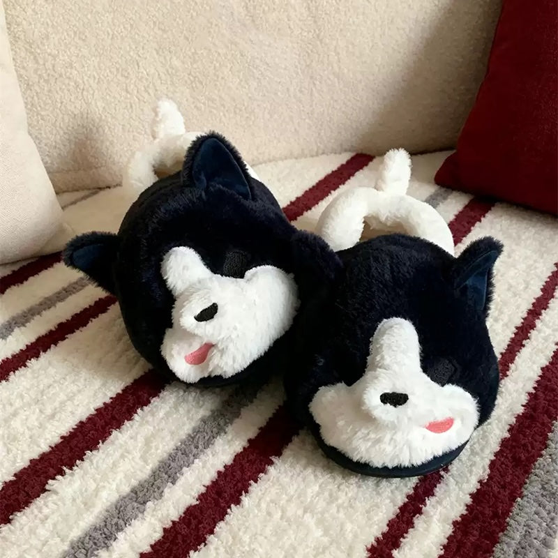Blue winter cute husky dog slippers aesthetic warm plush house shoes
