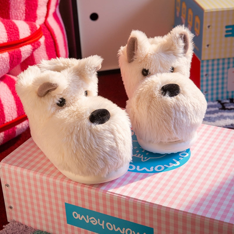 White westie dog shaped plush slippers featuring pointed ears and a black nose, cozy indoor footwear with EVA sole