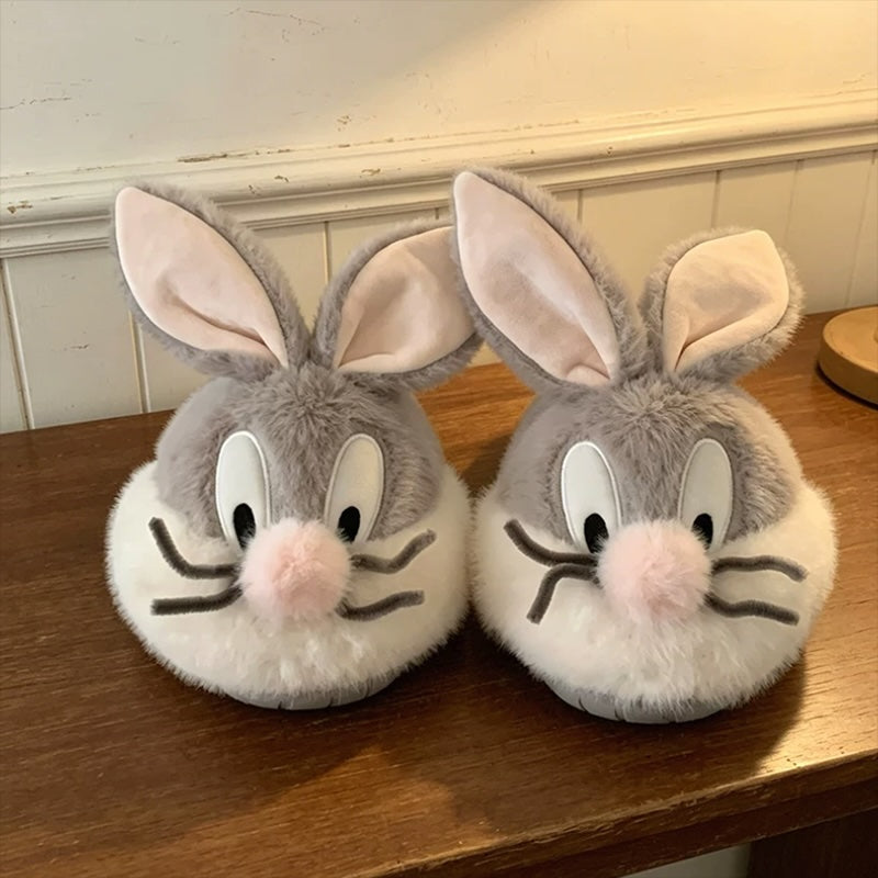 Gray winter cute whisker bunny slippers aesthetic warm plush house shoes