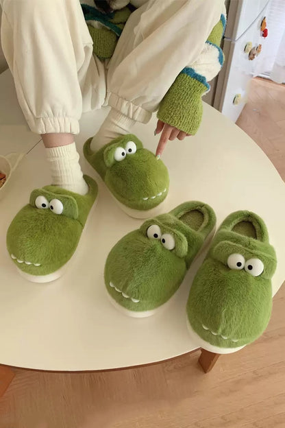 Winter Cute Green Crocodile Slippers Aesthetic Warm Plush House Shoes