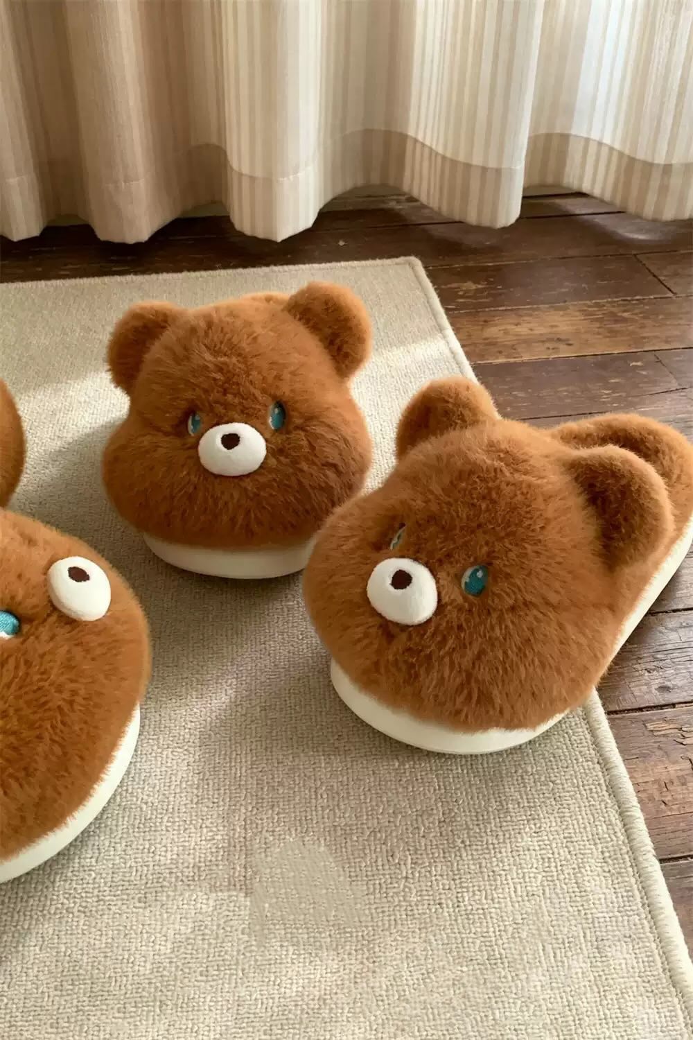 Winter brown cute teddy bear slippers aesthetic warm plush house shoes