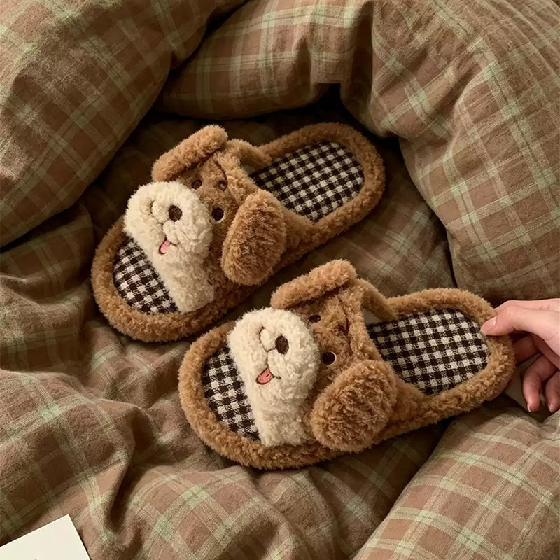 Khaki cute cartoon open toe dog plush slippers eva sole indoor shoes