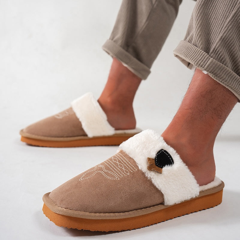 Cute light brown suede western slippers with fuzzy trim and embroidered detail, cozy indoor shoes with EVA sole