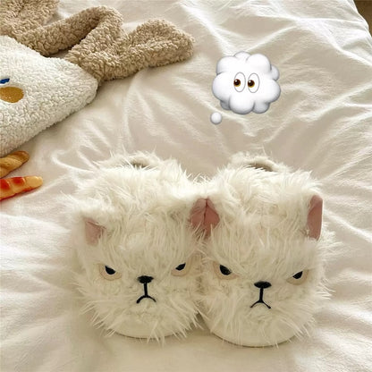 White winter plush expression cat slippers eva sole indoor house shoes