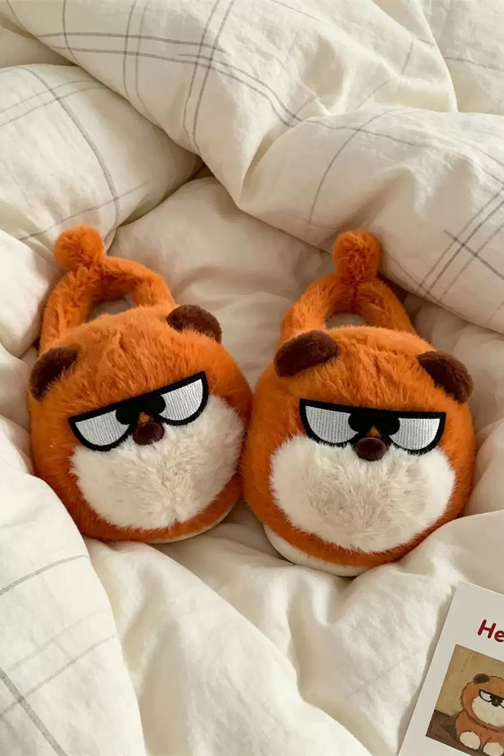 Winter cute orange big eye dog slippers aesthetic warm plush house shoes