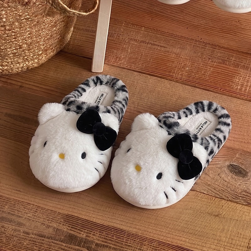 White winter print bow hello kt cute cat slippers aesthetic warm plush house shoes