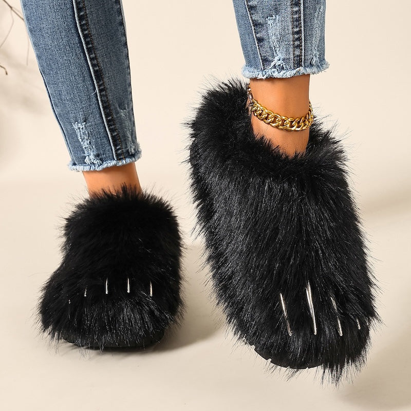 Black winter cute cartoon y2k faux fur metal claw slippers