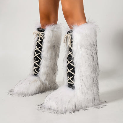 White winter y2k lace-up faux fur mid-calf boots pvc sole footwear
