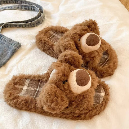 Brown fluffy bear face slippers with a large cream snout and brown plaid footbed, durable PVC sole indoor footwear