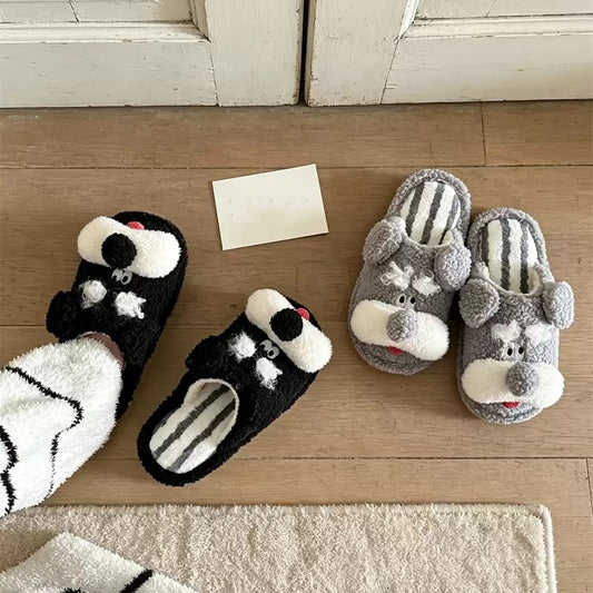 Winter Cute Schnauzer Dog Slippers Aesthetic Warm Plush House Shoes