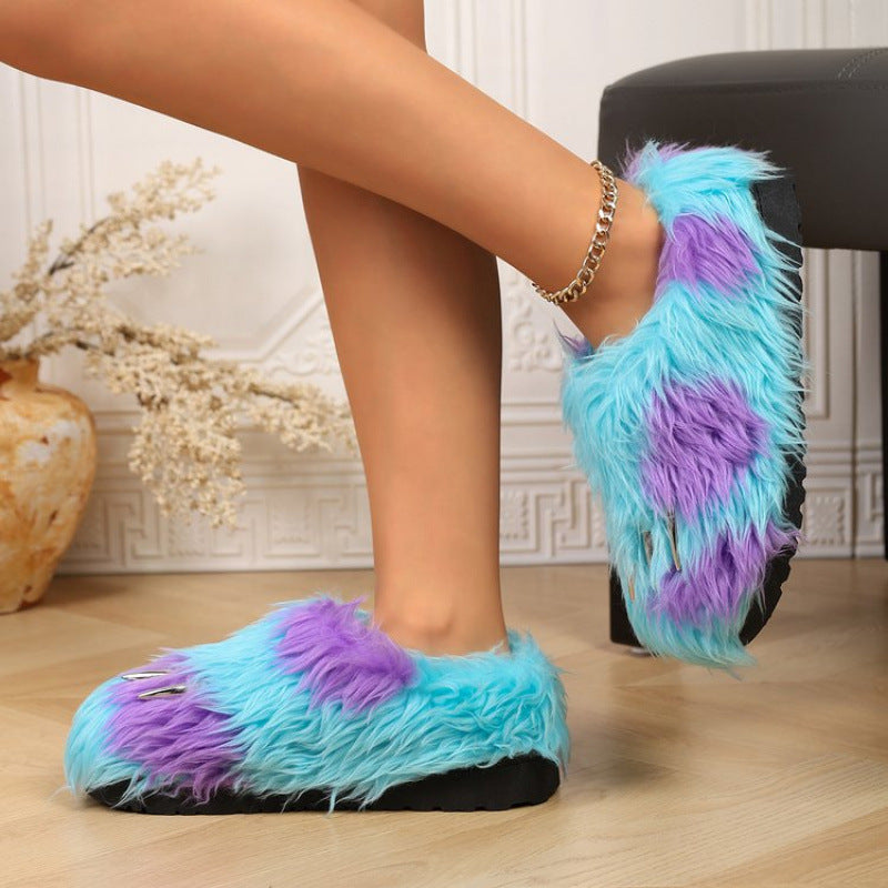 Blue winter blue purple y2k claw slippers faux fur pvc sole indoor outdoor shoes