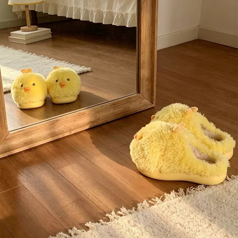 Yellow winter cute fluffy chick slippers aesthetic warm plush house shoes
