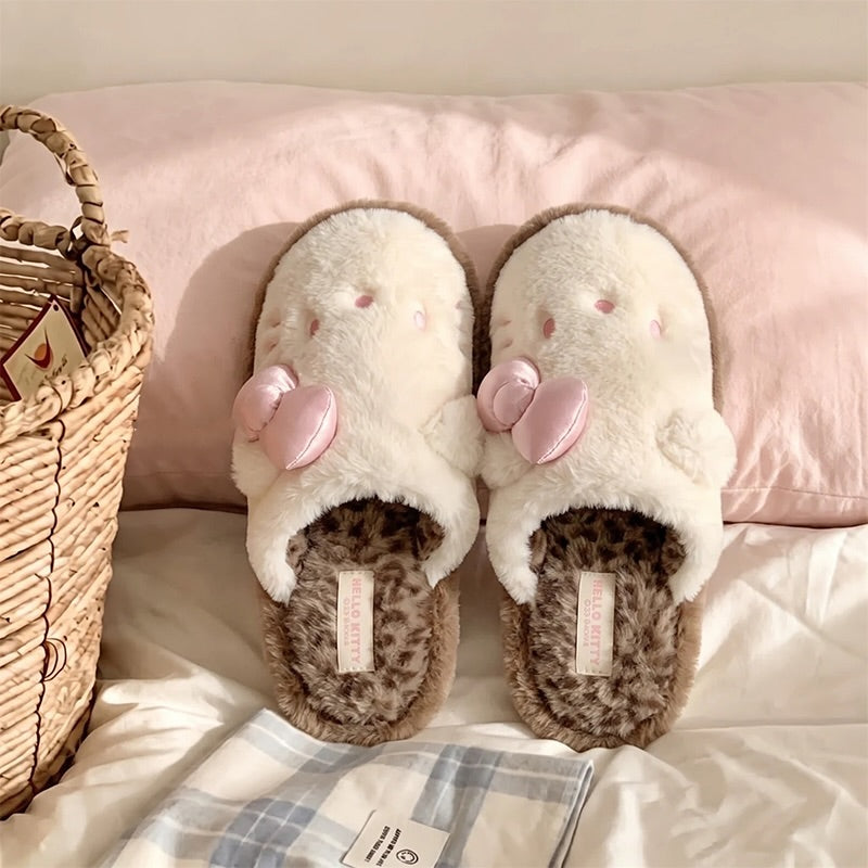 White winter satin bow cute hello kt cat slippers aesthetic warm plush house shoes