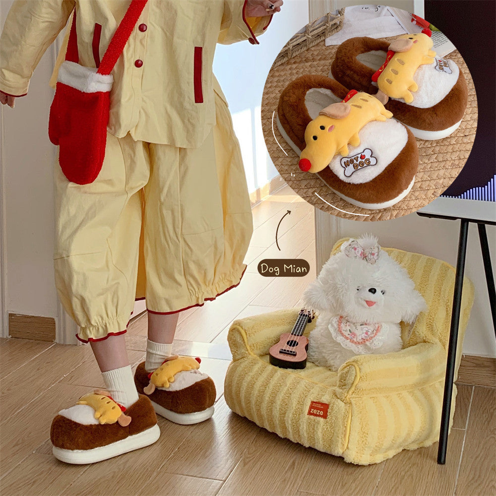 Brown winter closed back faux fur hot dog slippers eva sole indoor shoes
