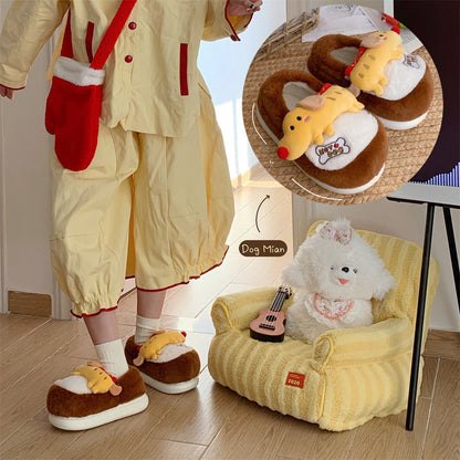 Brown winter closed back faux fur hot dog slippers eva sole indoor shoes