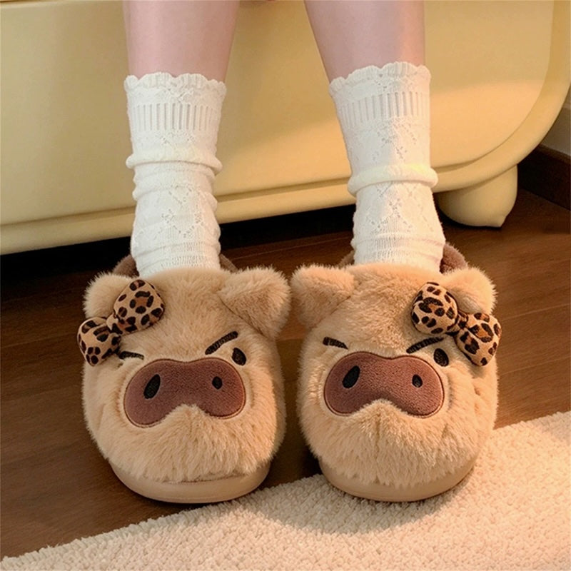 Brown winter leopard bow cute pig slippers aesthetic warm plush house shoes