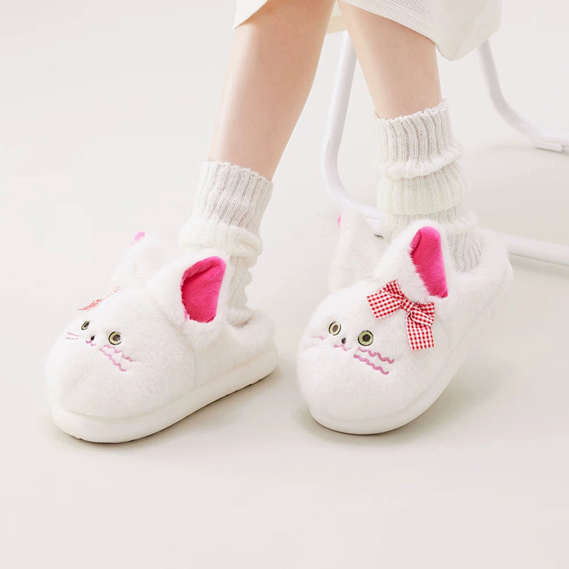 White winter plush bow cat slippers eva sole indoor house shoes