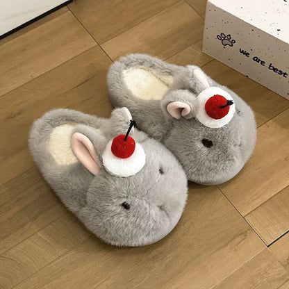 Gray winter cute cherry bunny slippers aesthetic warm plush house shoes