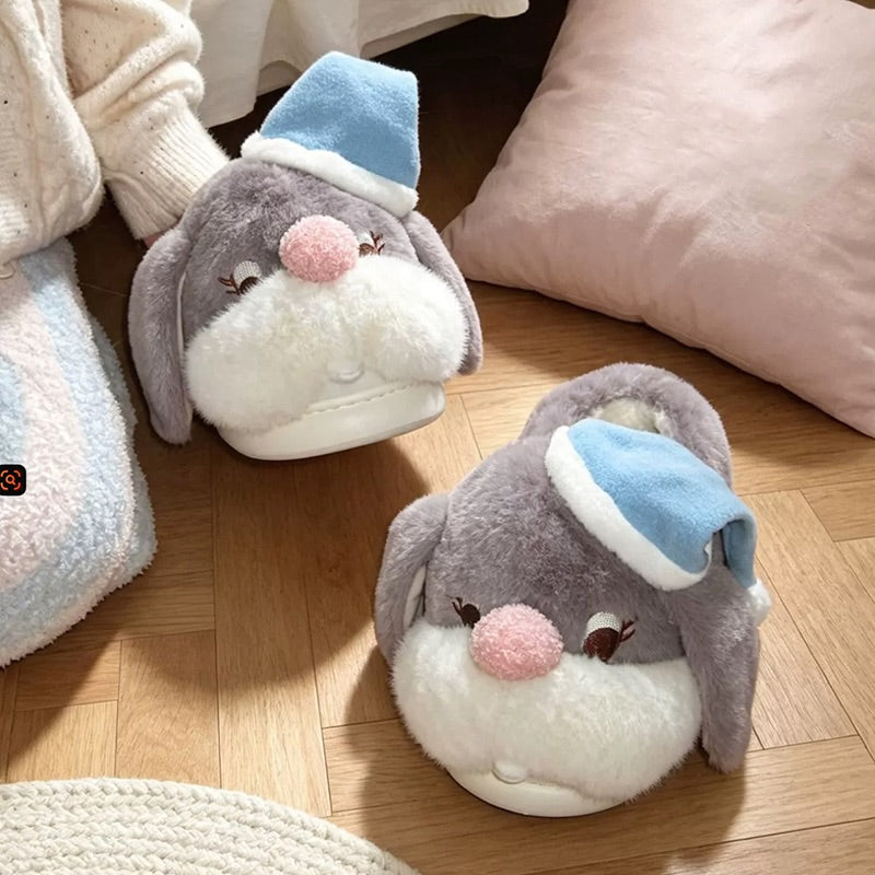 Gray winter cute sleep hat bunny slippers aesthetic warm plush house shoes