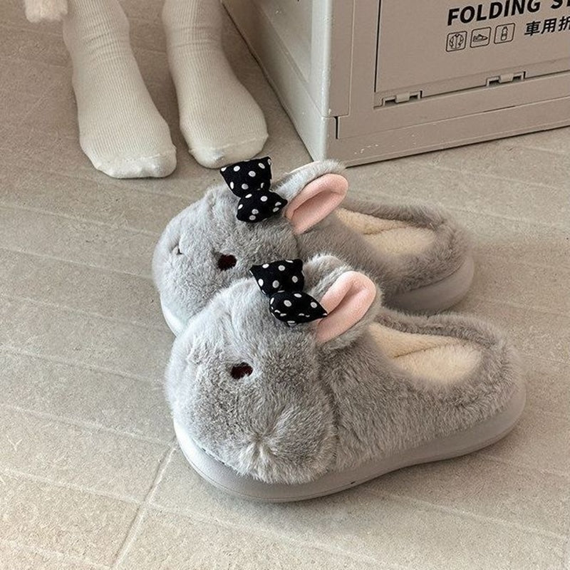 Gray winter cute polka dot bow bunny slippers aesthetic warm house shoes