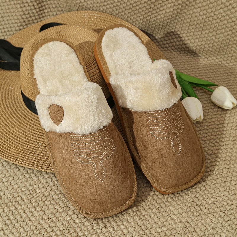 Khaki western inspired slip-on slippers with fuzzy trim and oval patch detail, soft suede indoor shoes with EVA sole