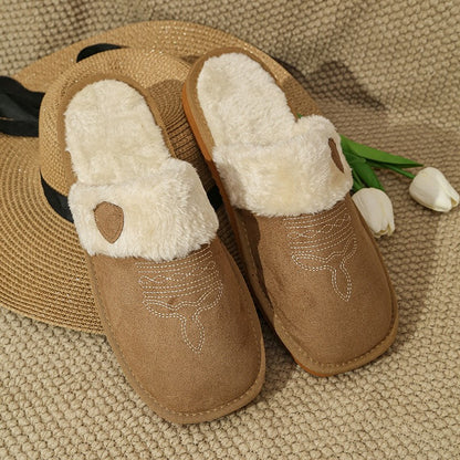 Khaki western inspired slip-on slippers with fuzzy trim and oval patch detail, soft suede indoor shoes with EVA sole