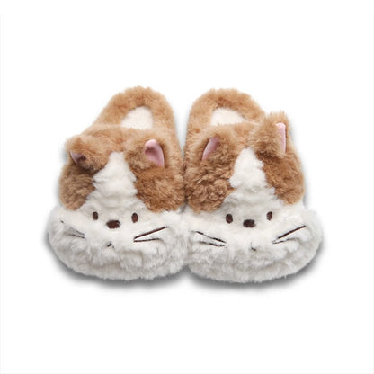 Brown winter two tone fluffy cat slippers aesthetic warm plush house shoes