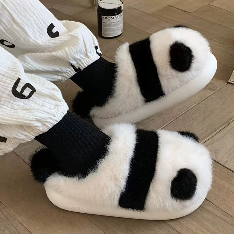 Black winter cute panda slippers aesthetic warm plush house shoes
