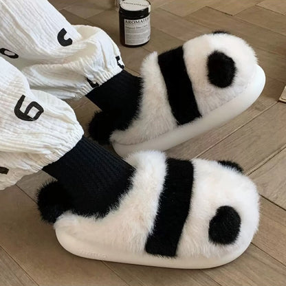 Black winter cute panda slippers aesthetic warm plush house shoes