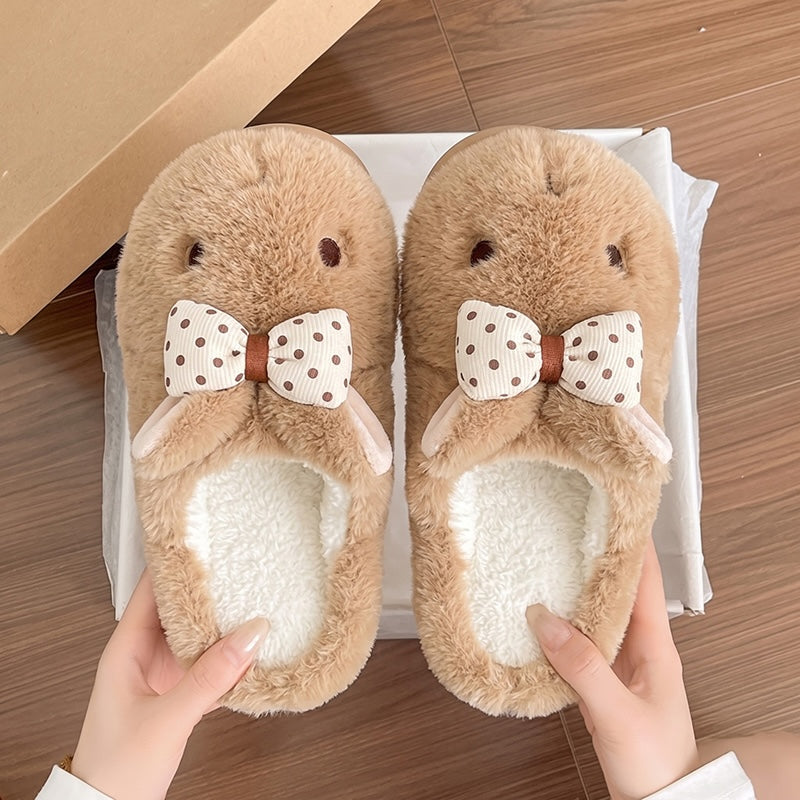 Brown winter cute bow bunny slippers aesthetic warm plush house shoes