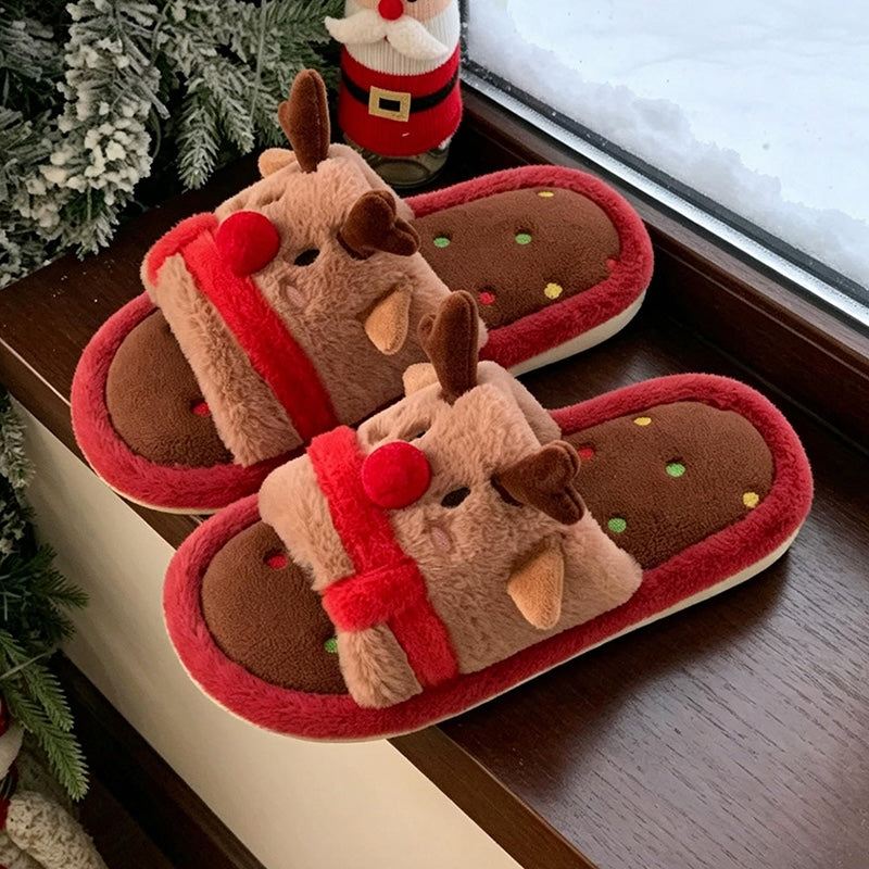 Red cute cartoon open toe christmas reindeer plush slippers eva sole indoor shoes