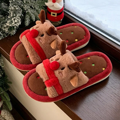 Red cute cartoon open toe christmas reindeer plush slippers eva sole indoor shoes