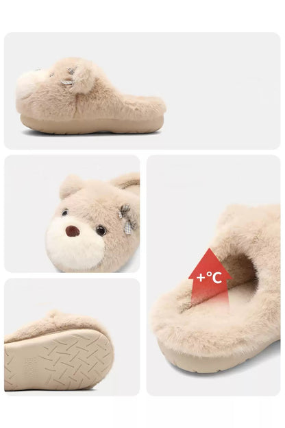 Winter Cute Brown Teddy Bear Slippers Aesthetic Warm Plush House Shoes