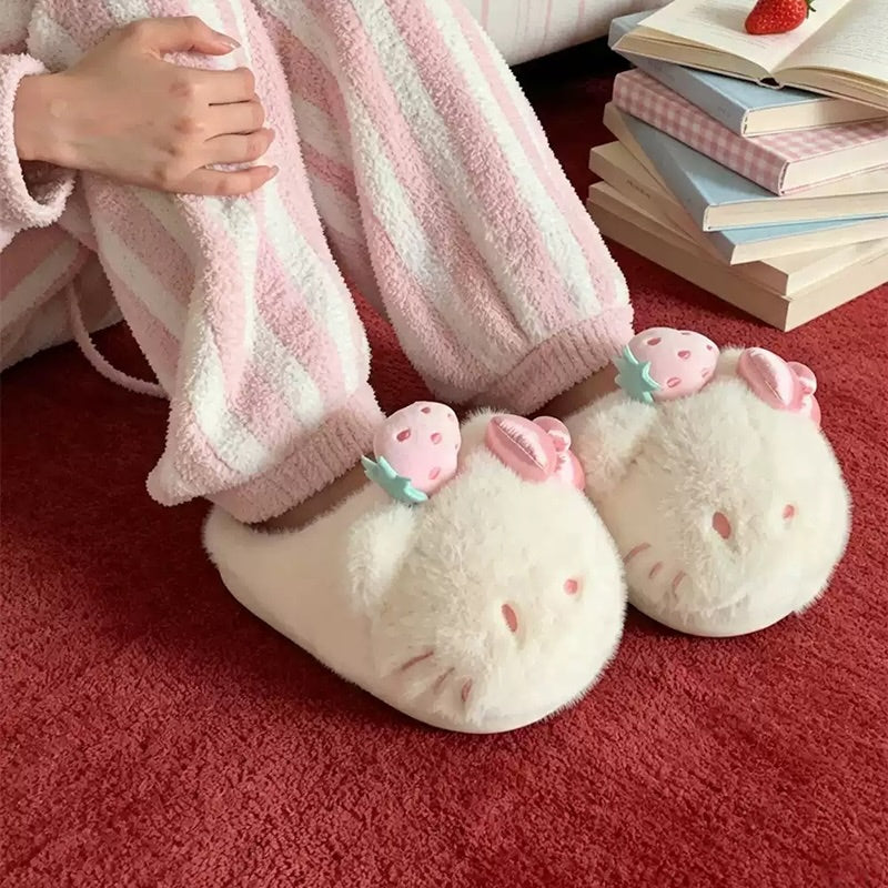 White winter cute strawberry hello kt cat slippers aesthetic warm plush house shoes