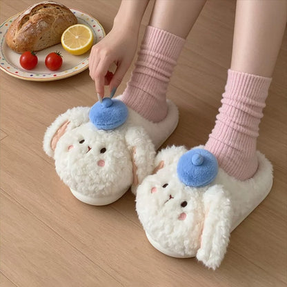 White winter cute pom pom hat bunny slippers aesthetic warm plush house shoes