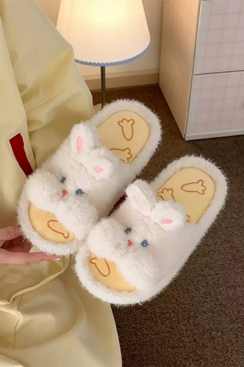 Winter cute white rabbit slippers aesthetic warm plush house shoes