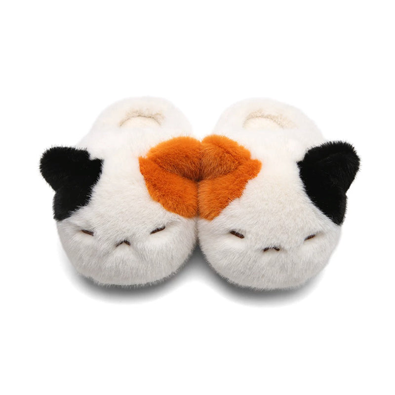 White winter cute calico cat slippers aesthetic warm plush house shoes