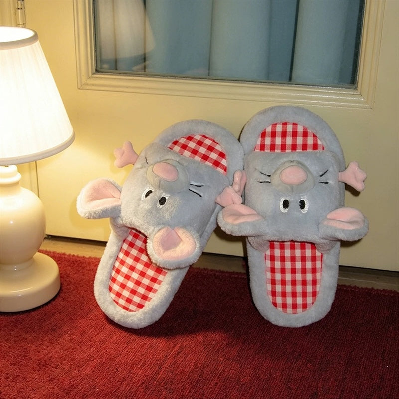 Sky blue all season open toe plush mouse slippers eva sole indoor shoes