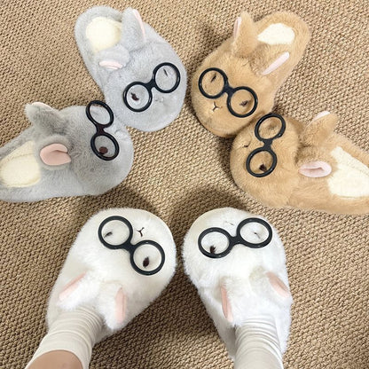 Winter Cute Glasses Bunny Slippers Aesthetic Warm Plush House Shoes