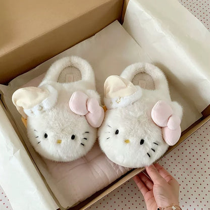 Beige winter cute sleeping hat hello kt cat slippers aesthetic warm plush house shoes
