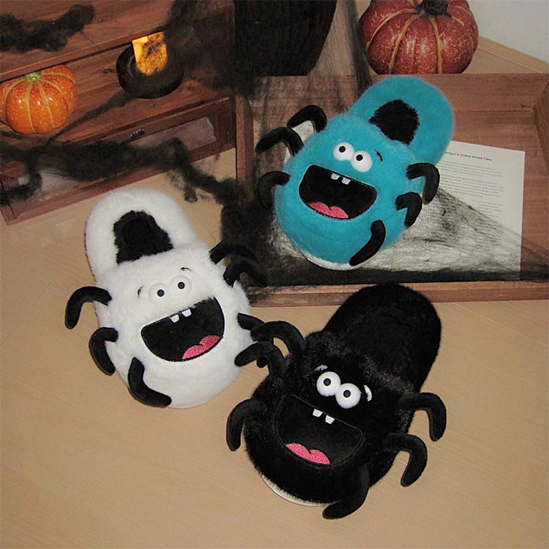 Teal blue plush spider monster slippers with black legs and a big mouth, indoor footwear with EVA sole