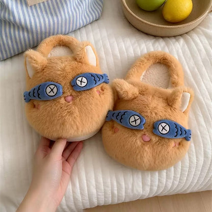 Brown winter fish eye mask cute cat slippers aesthetic warm plush house shoes