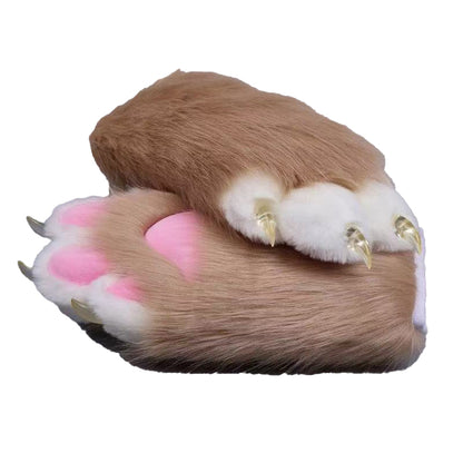 Plush cosplay paw gloves with white back fingers and pink palm pads, paired with semi-transparent black claws, soft lined furry mitts