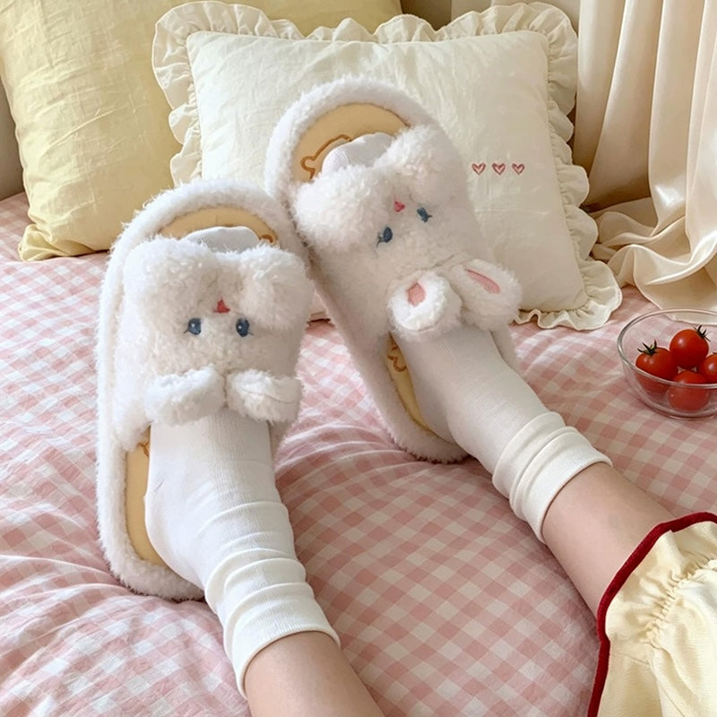 White all season open toe rabbit plush slippers eva sole bunny indoor shoes