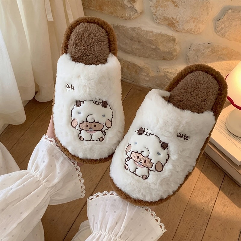 Winter cute brown embroidered sheep slippers aesthetic warm plush house shoes
