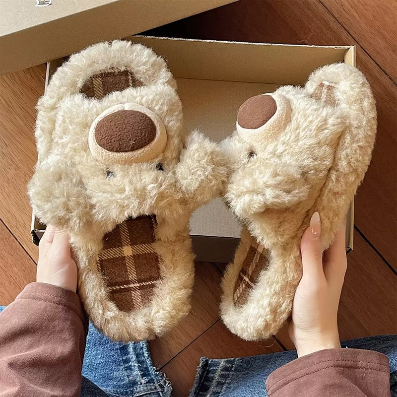 Khaki fuzzy plush slippers designed with a chunky bear nose and floppy ears, classic plaid lining for cozy indoor home wear