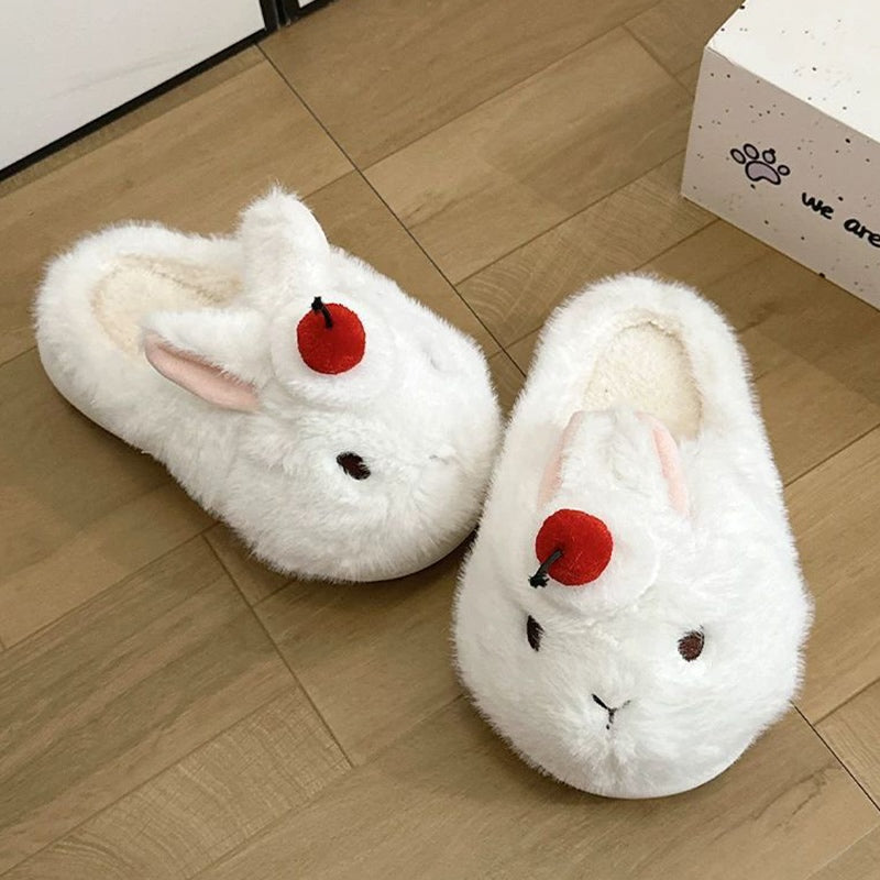 White winter cute cherry bunny slippers aesthetic warm plush house shoes
