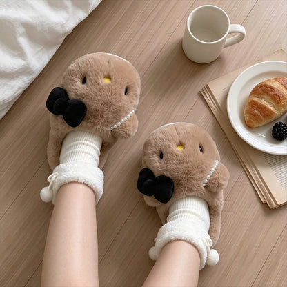 winter brown pearl bow cute hello kt cat slippers aesthetic warm plush house shoes