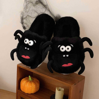 Black plush spider monster slippers with white eyes and black legs, cozy indoor shoes with EVA sole